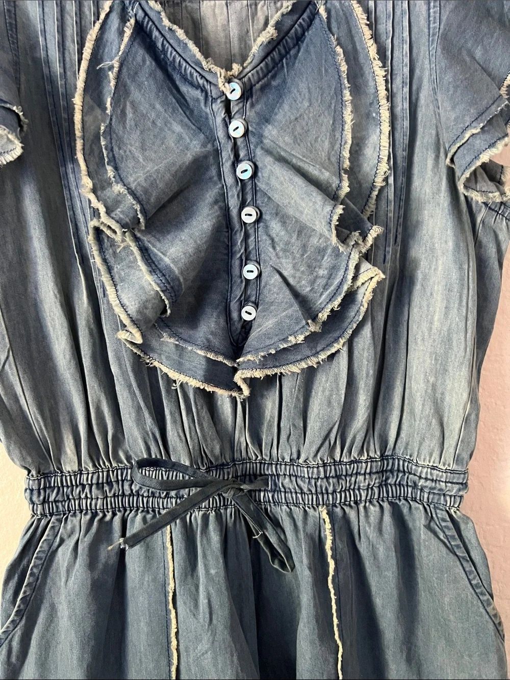 Free People Light Blue Washed Denim Ruffle Romper - Picture 6 of 16